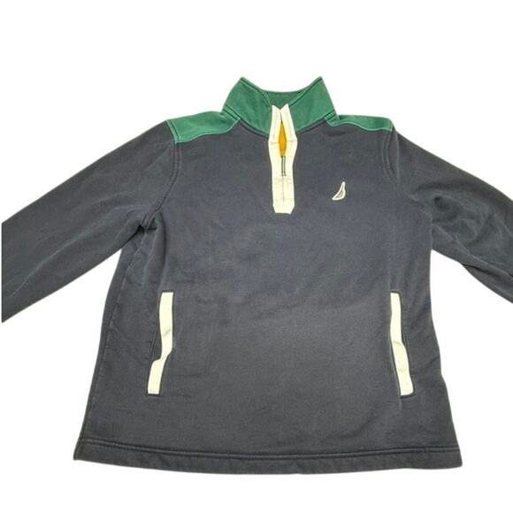 "Nautica" 1/4 Mens Sweatshirt Navy /Green Pockets L Chest Logo SZ M Colorblock - Picture 1 of 10